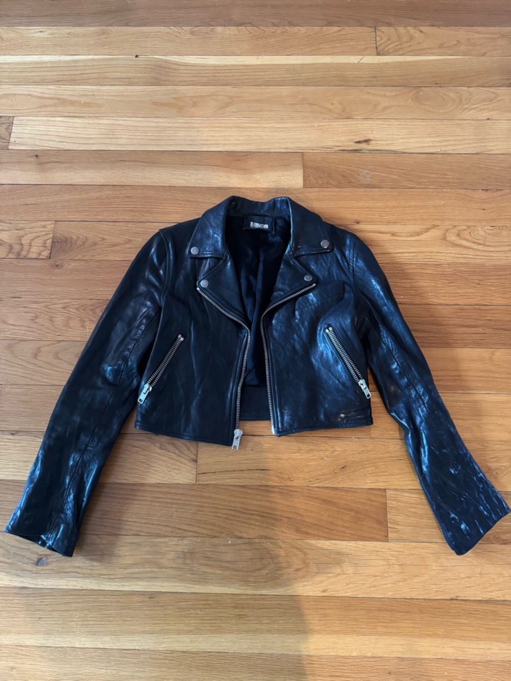 Reformation Black Cropped Leather Moto Jacket